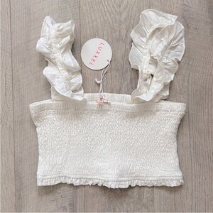 NWT Luxxel Off White Linen Blend Ruffled Top Sz Lg